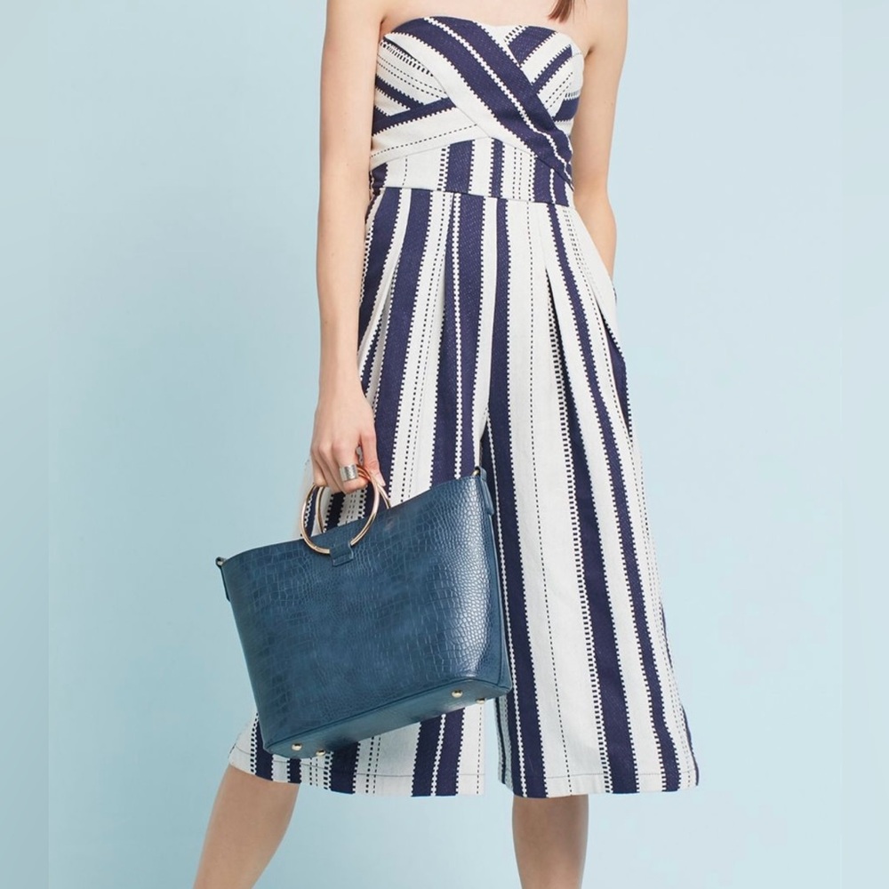 Anthropologie- Greylin— Strapless Jumpsuit in navy blue and cream.